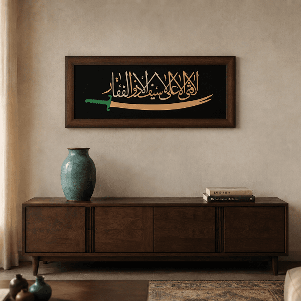 تابلوی معرق مس “لافتی الاعلی لاسیف الا ذوالفقار”(35×75) — تصویر ۲