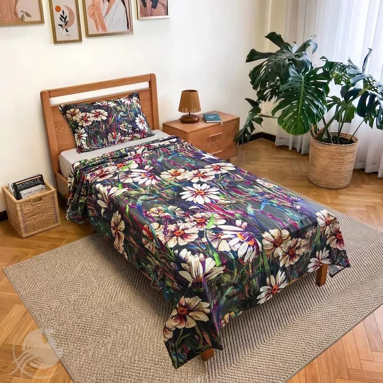 سرویس نیم ست ملحفه روانداز مدل گل بابونه ، یک نفره 2 تکه