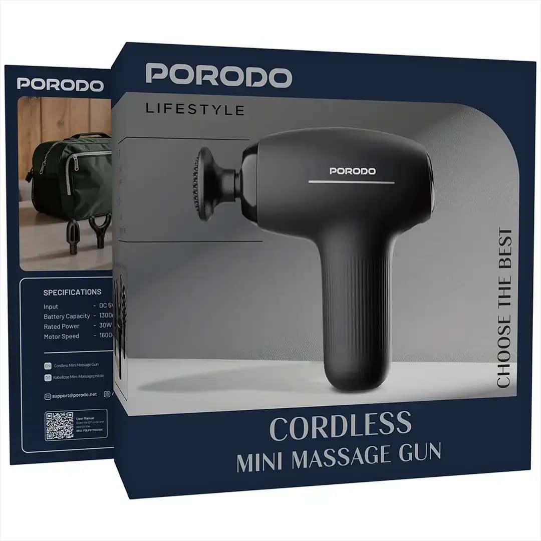 ماساژور تفنگی شارژی پرودو مدل Porodo Lifestyle Cordless Mini Massage Gun PDLFSTMG01 | موتور 30 وات، 5 سرعت، باتری 1300mAh — تصویر ۶