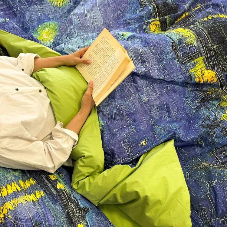 سرویس كاور لحاف، ملحفه کشدار طرح شب پر ستاره بر فراز رن ونگوگ، ۴ تکه — تصویر ۲