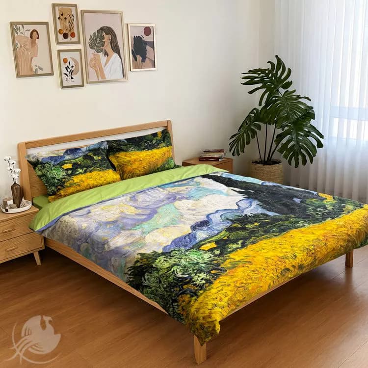 سرویس كاور لحاف، ملحفه کشدار طرح گندم‌ زاری با درختان سرو ونگوگ، ۴ تکه
