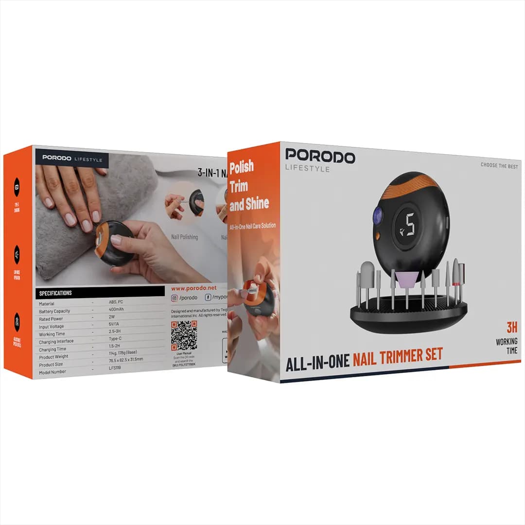 ست ناخن گیر برقی پرودو Porodo All in one Nail Trimmer Set PDLFST119 دستگاه سوهان و پولیش ناخن شارژی — تصویر ۳