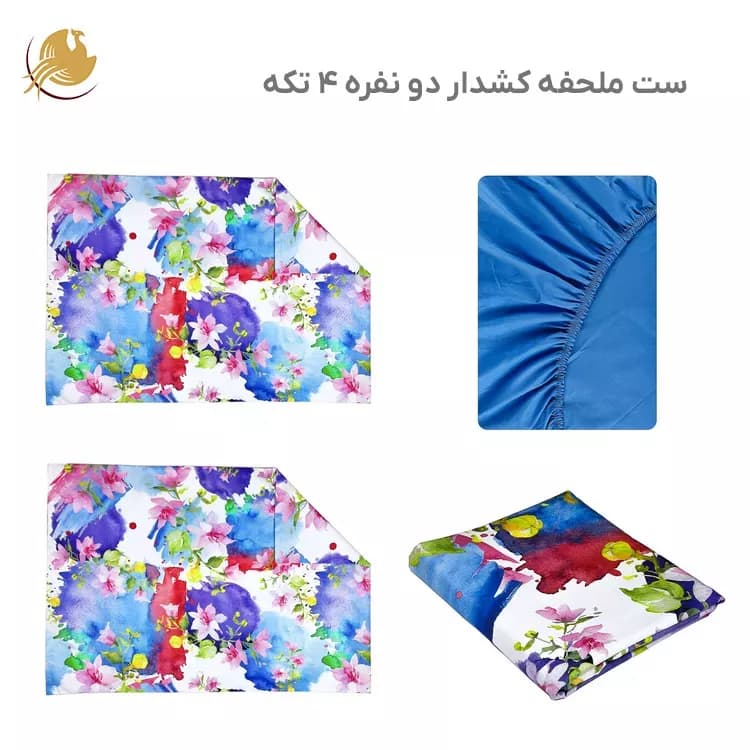 سرویس کامل ملحفه (روانداز و کشدار) دونفره مدل گل های بهاری، 4 تکه — تصویر ۲