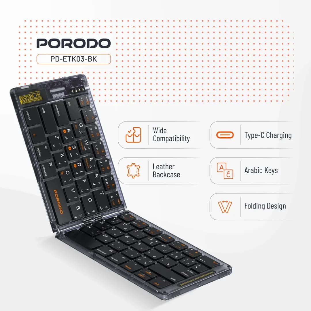 کیبورد بی‌سیم پرودو مدل Crystal Shell Wireless Keyboard PD-ETK03 | تاشو با بلوتوث و حروف فارسی/عربی — تصویر ۳