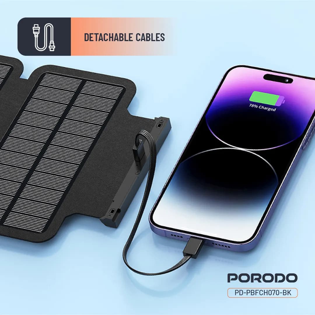 پاوربانک خورشیدی پرودو مدل Porodo 20000mAh 4-Panel Solar Power Bank PDPBFCH070BK | شارژ سریع 20 وات — تصویر ۶