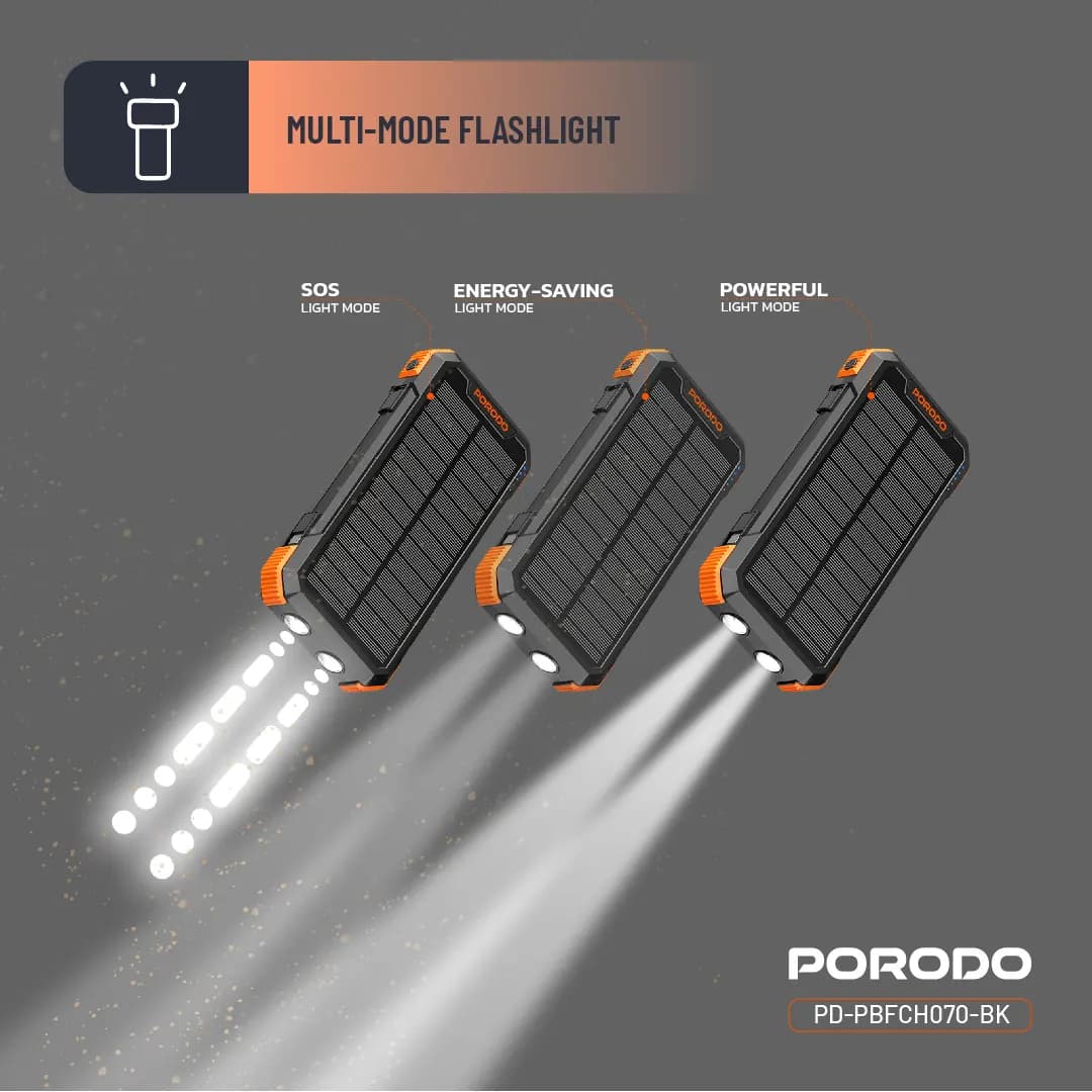 پاوربانک خورشیدی پرودو مدل Porodo 20000mAh 4-Panel Solar Power Bank PDPBFCH070BK | شارژ سریع 20 وات — تصویر ۷