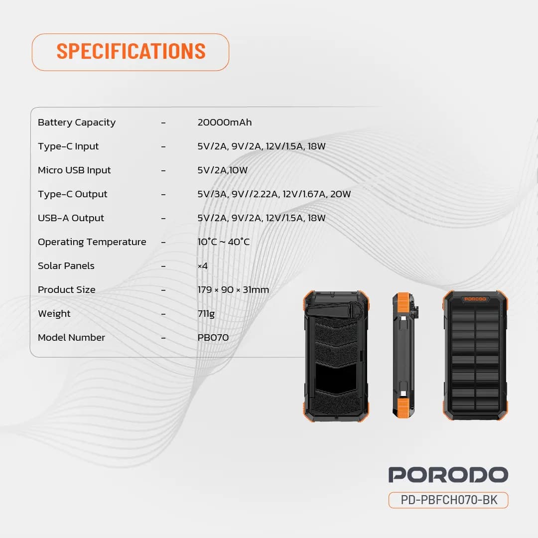 پاوربانک خورشیدی پرودو مدل Porodo 20000mAh 4-Panel Solar Power Bank PDPBFCH070BK | شارژ سریع 20 وات — تصویر ۴
