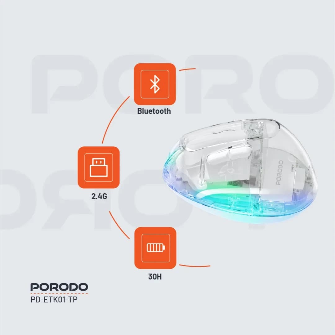 ماوس بیسیم عمودی پرودو مدل Porodo Vertical 4800 DPI Wireless Mouse PD-ETK01-TP | ارگونومیک و شفاف — تصویر ۳