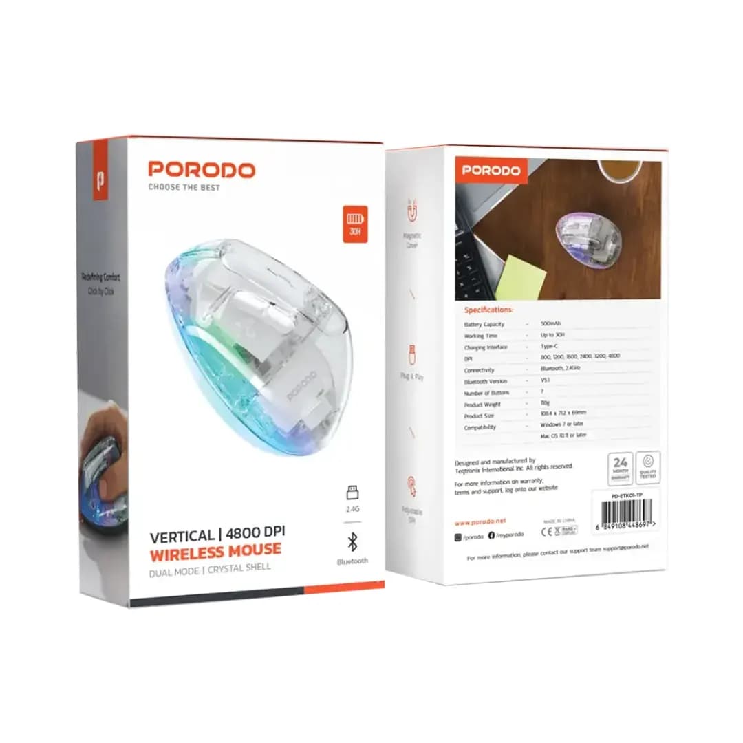 ماوس بیسیم عمودی پرودو مدل Porodo Vertical 4800 DPI Wireless Mouse PD-ETK01-TP | ارگونومیک و شفاف — تصویر ۲
