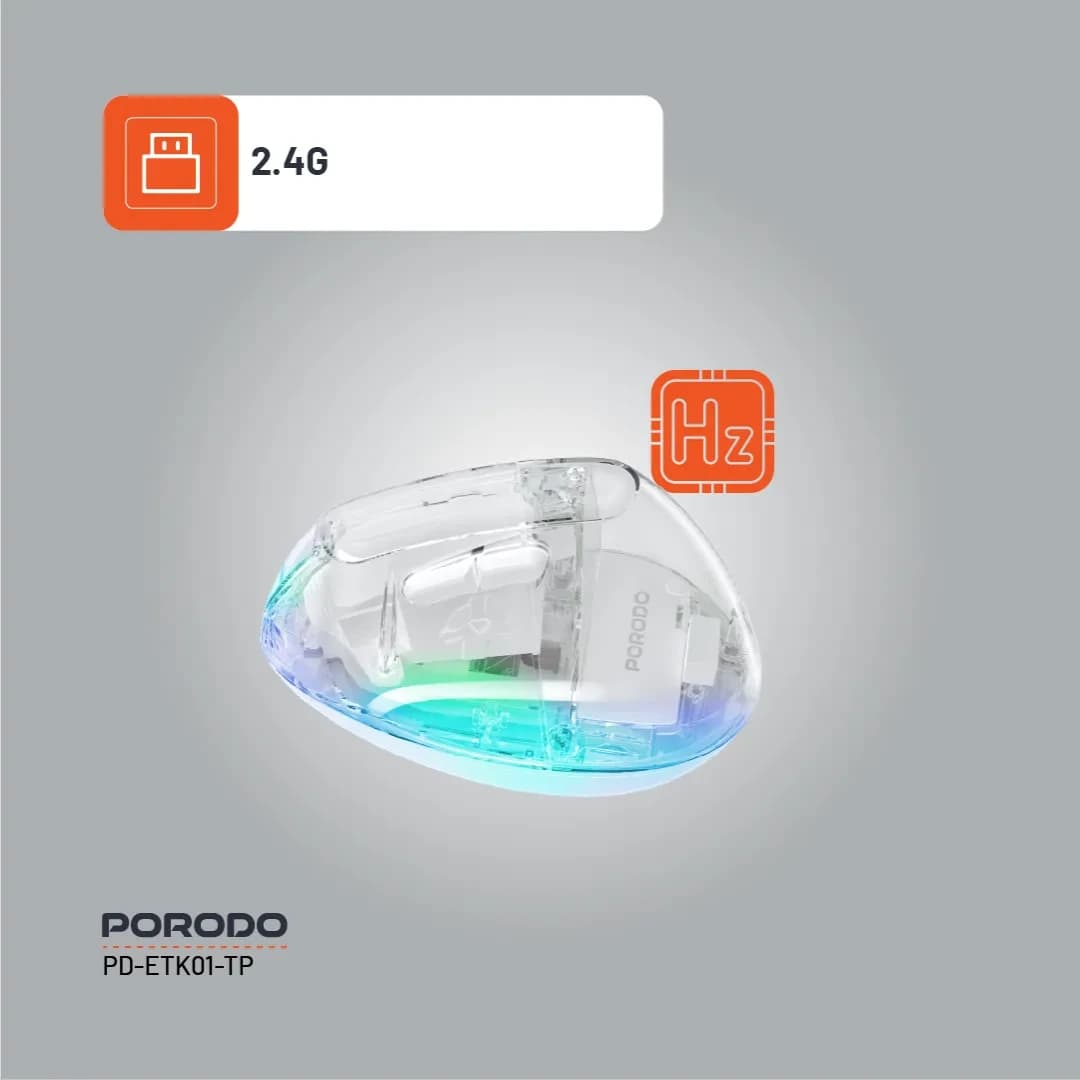 ماوس بیسیم عمودی پرودو مدل Porodo Vertical 4800 DPI Wireless Mouse PD-ETK01-TP | ارگونومیک و شفاف — تصویر ۶