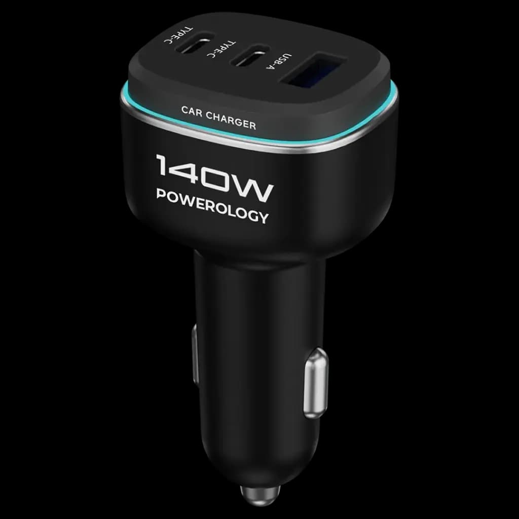 شارژر فندکی پاورولوژی مدل Powerology 140W Triple-Port High-Power Car Charger PCCSR025BKGYC | شارژر خودرو 140 وات با 2 پورت USB-C و USB-A