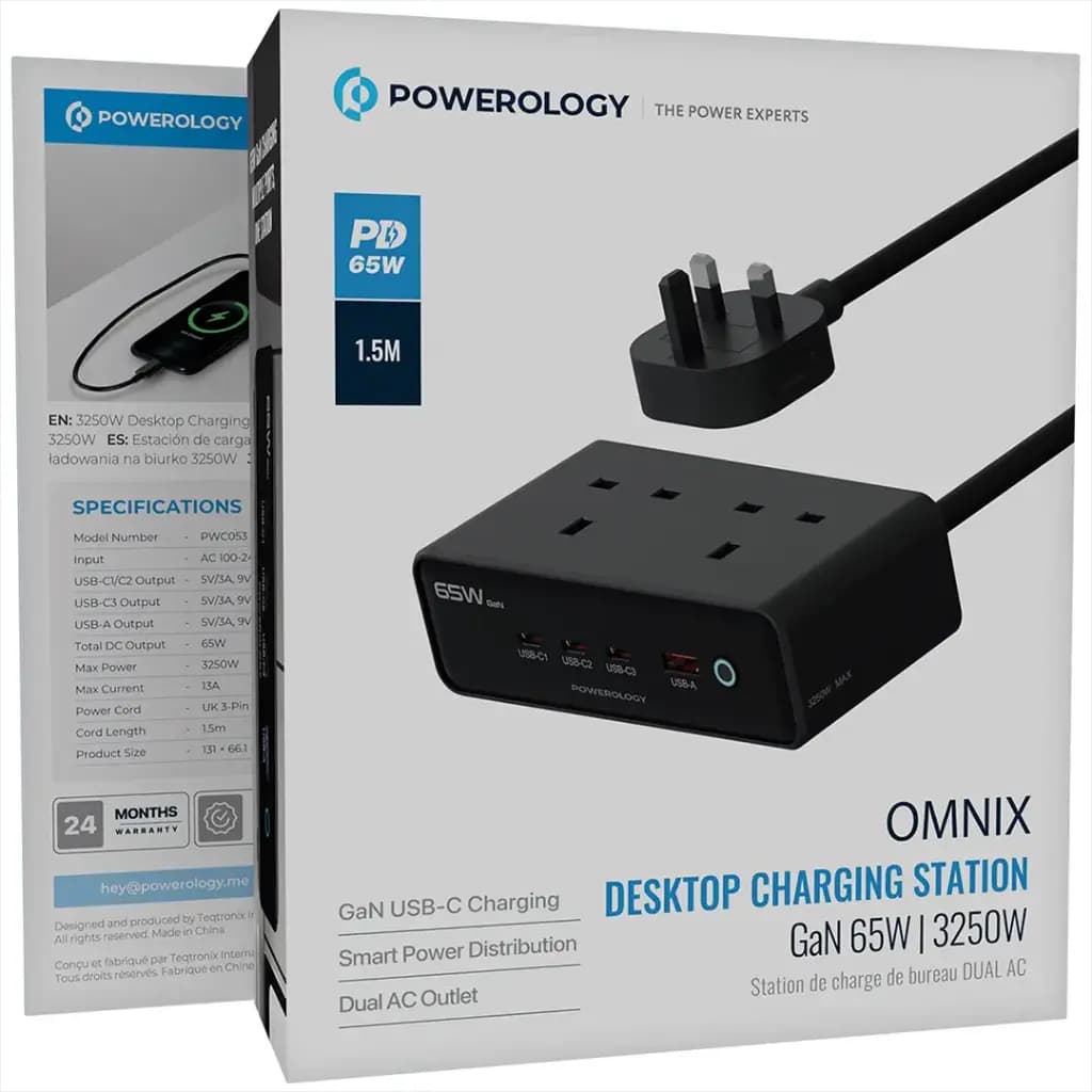 ایستگاه شارژ رومیزی پاورولوژی مدل Powerology Omnix Desktop Charging Station GaN 65W PWCUQC053BK | چندراهی برق و شارژر 3250 وات — تصویر ۲