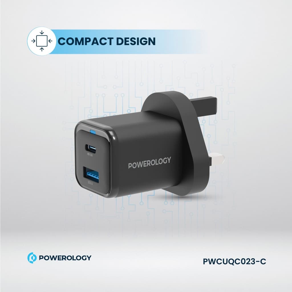 شارژر دیواری پاورولوژی مدل Powerology 35W PD QC GaN Charger PWCUQC023-C | شارژر 35 وات دو پورت USB-C و USB-A با کابل 60 وات — تصویر ۲