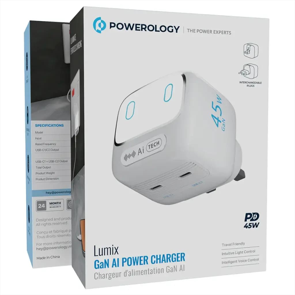 شارژر دیواری پاورولوژی مدل Powerology Lumix GaN AI Power Charger PWCUQC052WH | شارژر 45 وات دو پورت USB-C با کنترل صوتی — تصویر ۲