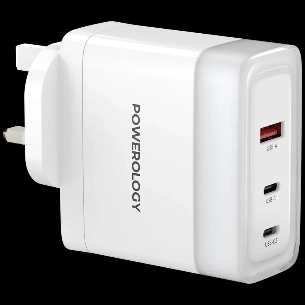 شارژر دیواری پاورولوژی مدل Powerology Lunex Series Fast Charging Adapter PD 100W PWFC1029BWH | شارژر 3 پورت GaN با PD 100W