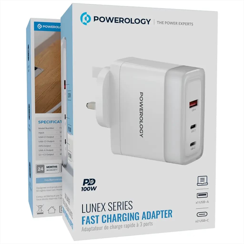 شارژر دیواری پاورولوژی مدل Powerology Lunex Series Fast Charging Adapter PD 100W PWFC1029BWH | شارژر 3 پورت GaN با PD 100W — تصویر ۲