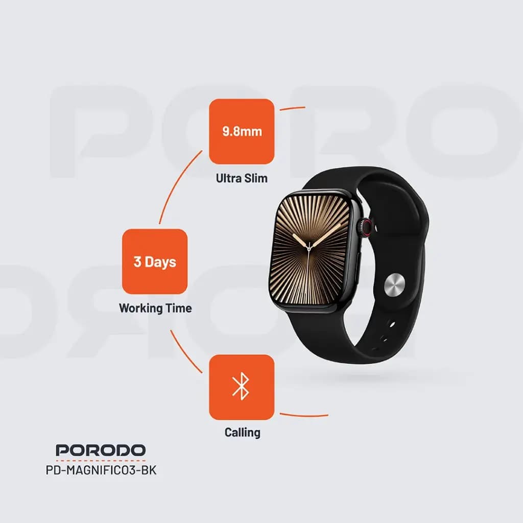ساعت هوشمند پرودو مدل Porodo Magnifico 3 Smart Watch | نمایشگر 2 اینچی، تماس بلوتوثی و پایش سلامت — تصویر ۲