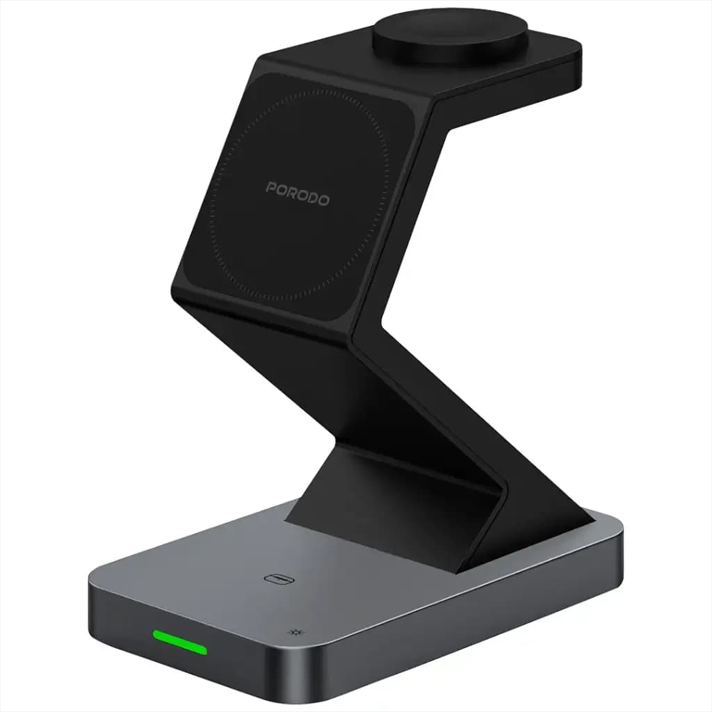 شارژر بی‌سیم 4 در 1 پرودو مدل Porodo PowerDock PDXHX3BK | شارژر وایرلس 15 وات با چراغ خواب و پایه 360 درجه — تصویر ۲
