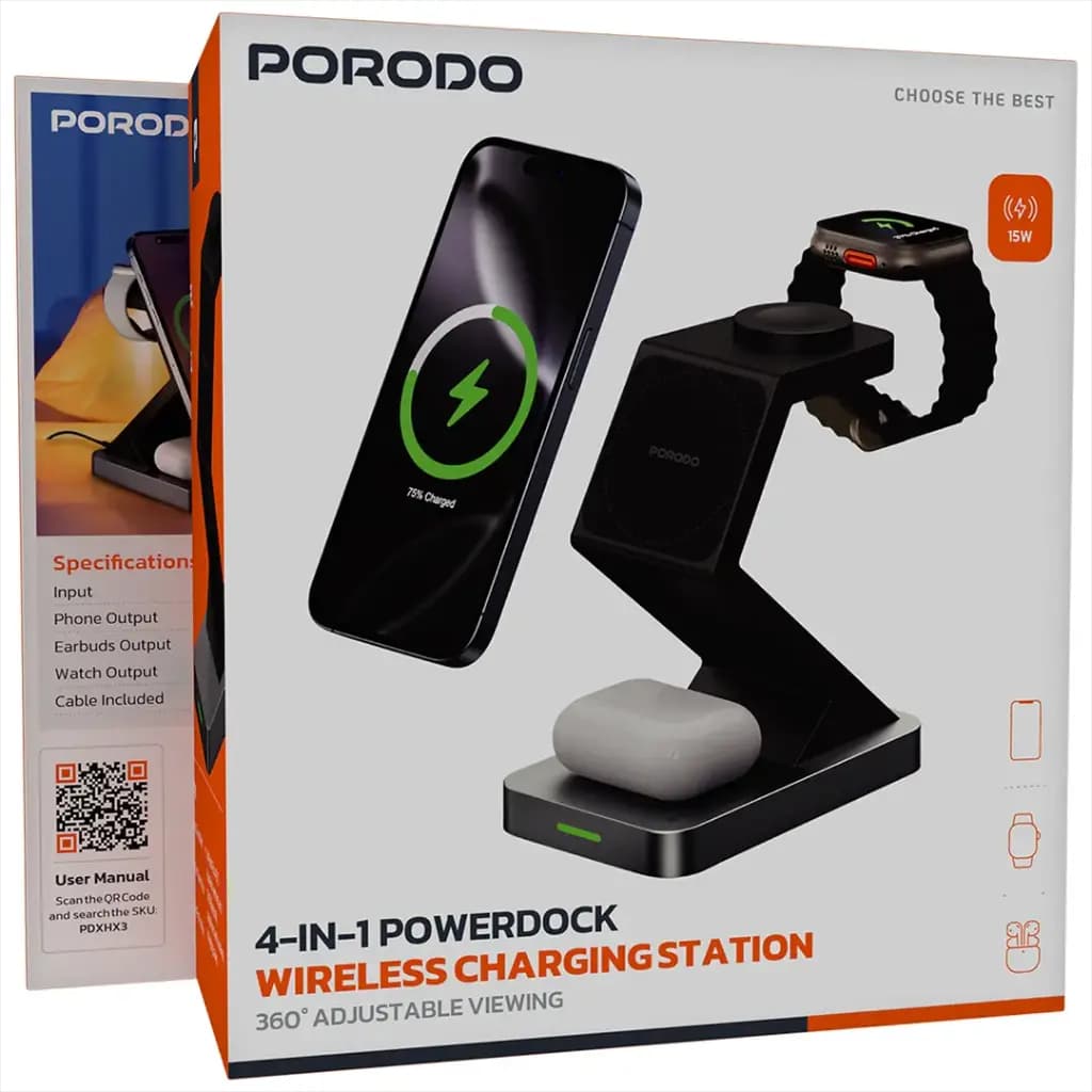 شارژر بی‌سیم 4 در 1 پرودو مدل Porodo PowerDock PDXHX3BK | شارژر وایرلس 15 وات با چراغ خواب و پایه 360 درجه — تصویر ۳