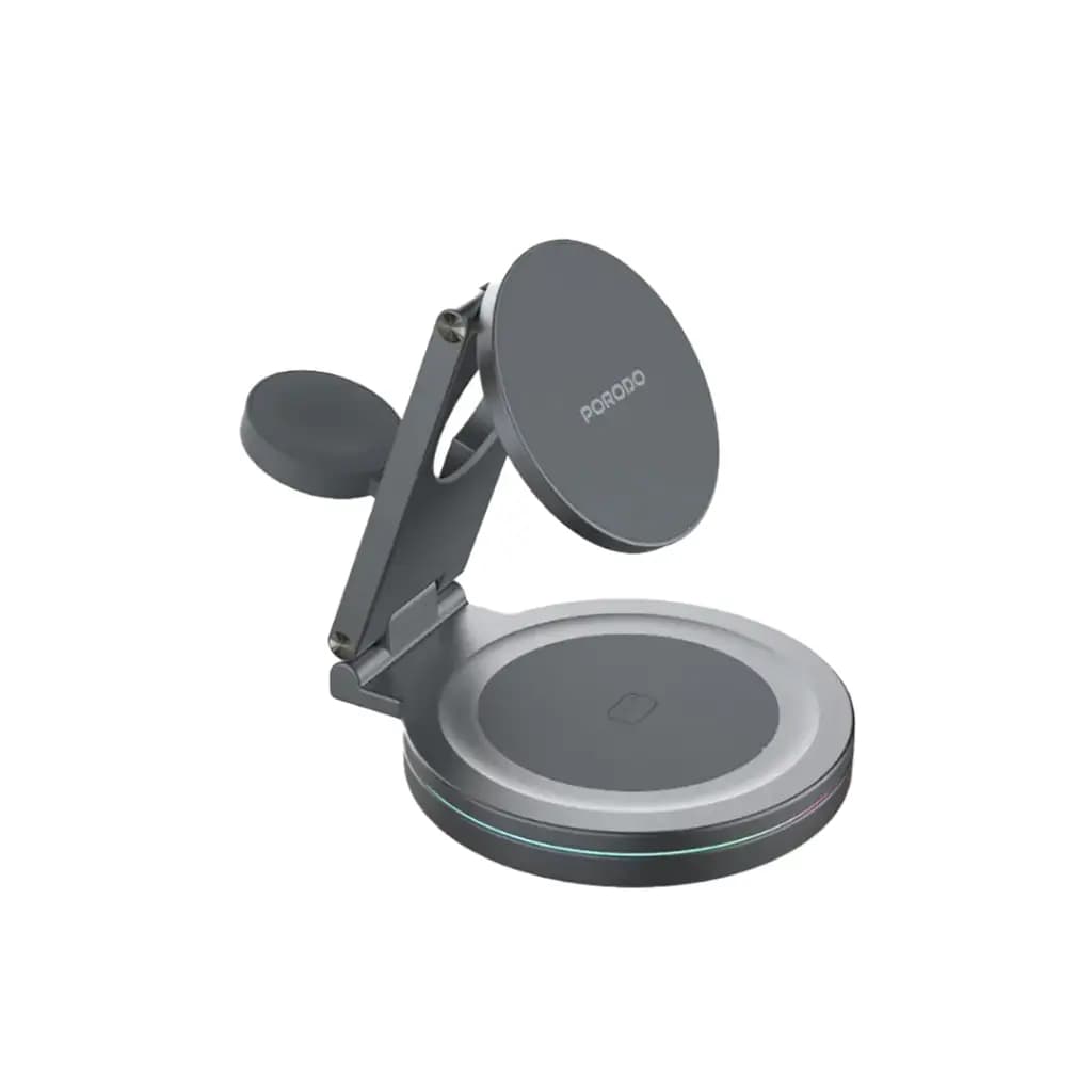 شارژر وایرلس 3 در 1 پرودو مدل Porodo Rotating Base Wireless Charger PD-FWCH039-GY | شارژ همزمان گوشی، ساعت و ایرپاد