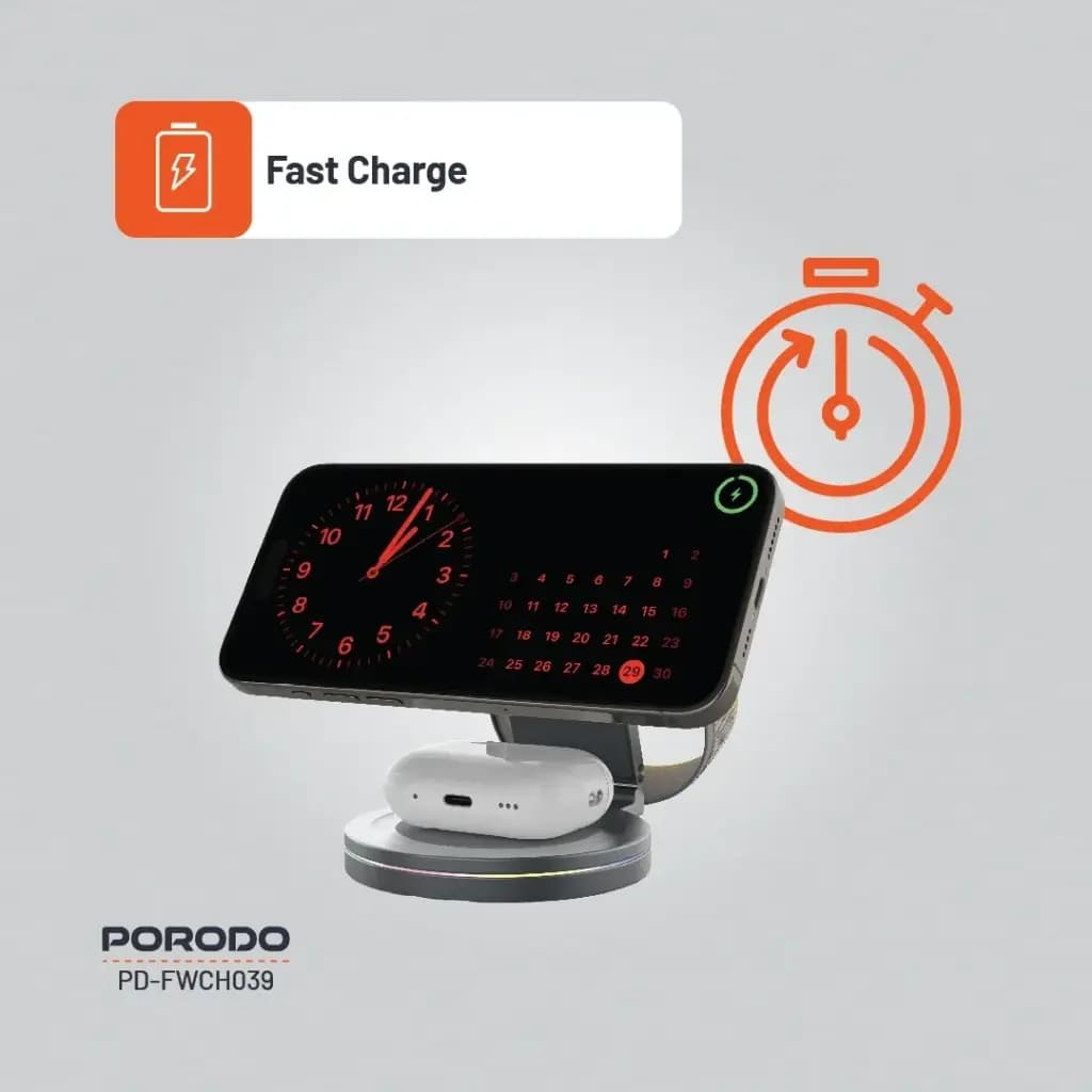 شارژر وایرلس 3 در 1 پرودو مدل Porodo Rotating Base Wireless Charger PD-FWCH039-GY | شارژ همزمان گوشی، ساعت و ایرپاد — تصویر ۴