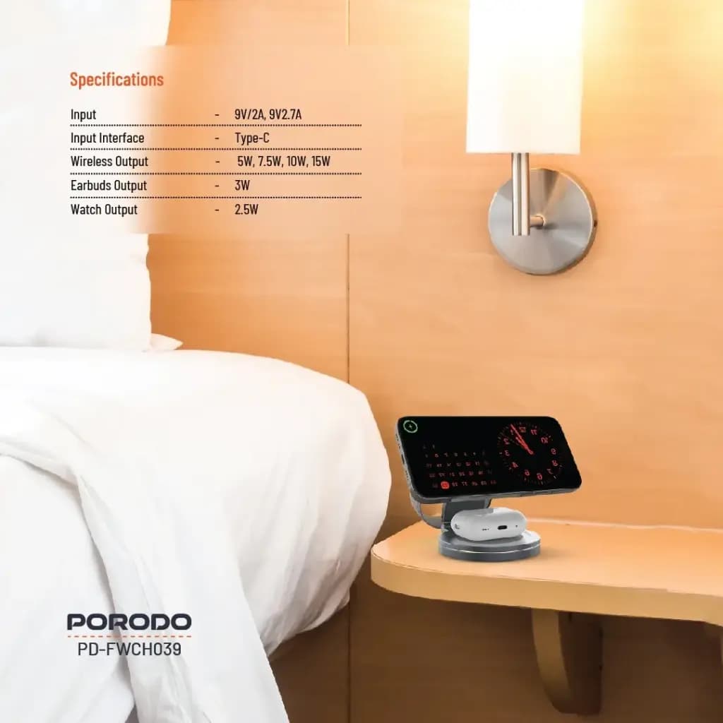 شارژر وایرلس 3 در 1 پرودو مدل Porodo Rotating Base Wireless Charger PD-FWCH039-GY | شارژ همزمان گوشی، ساعت و ایرپاد — تصویر ۷