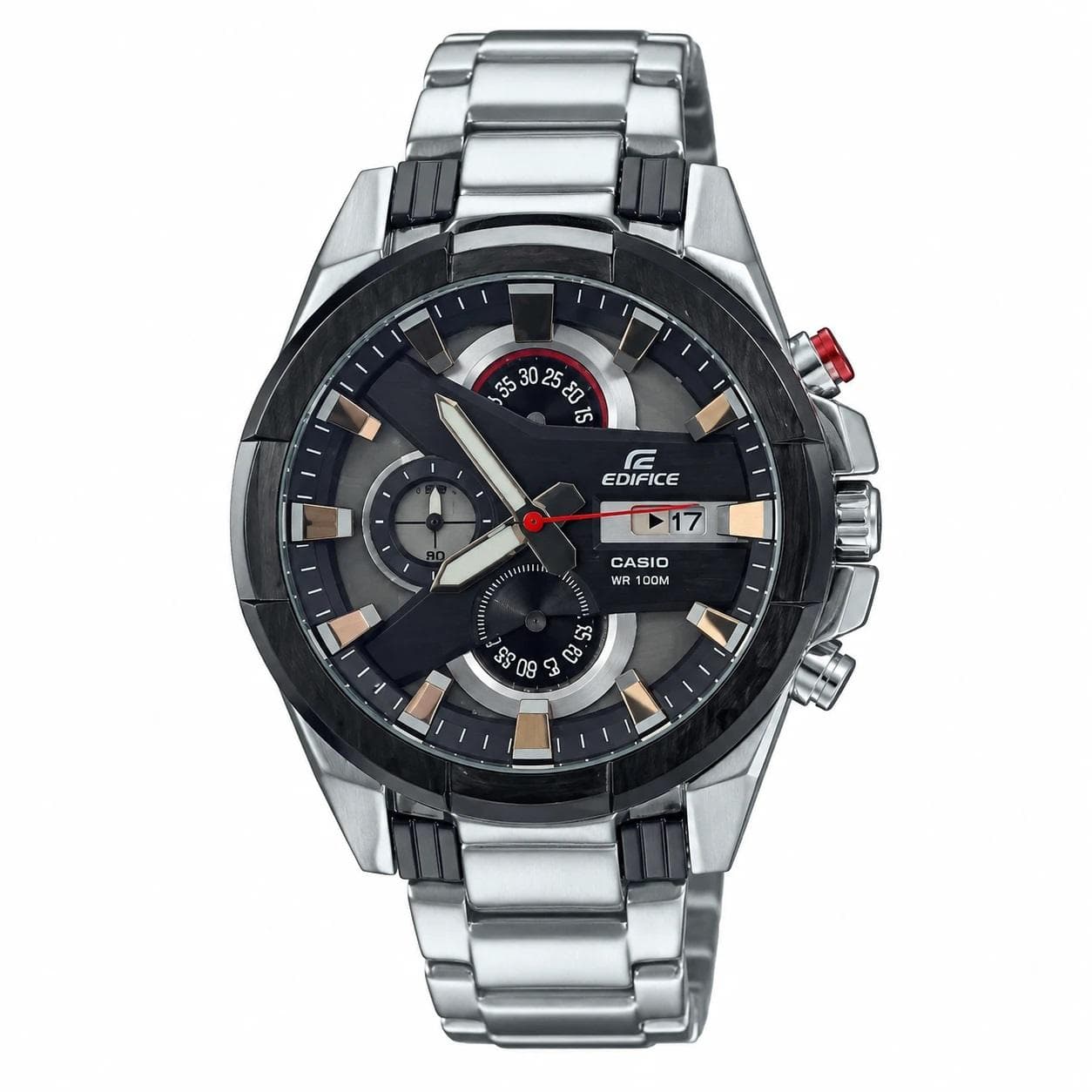 ساعت مردانه کاسیو ادیفایس سه موتوره (کورنوگراف) صفحه مشکی با بند استیل نقره ای CASIO EDIFICE