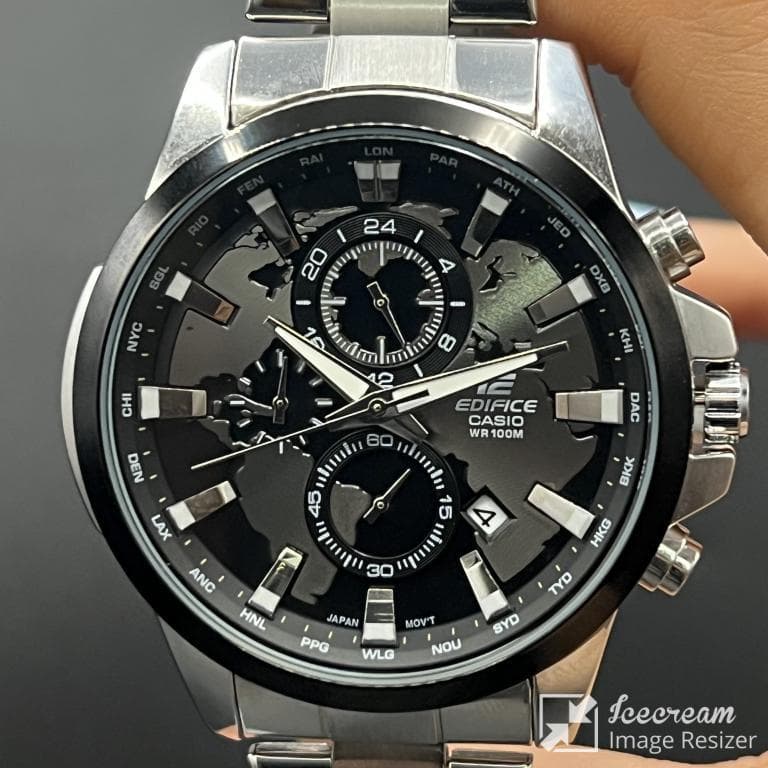 ساعت مردانه کاسیو ادیفایس سه موتوره صفحه مشکی جهان نما با بند استیل نقره ایCASIO — تصویر ۵