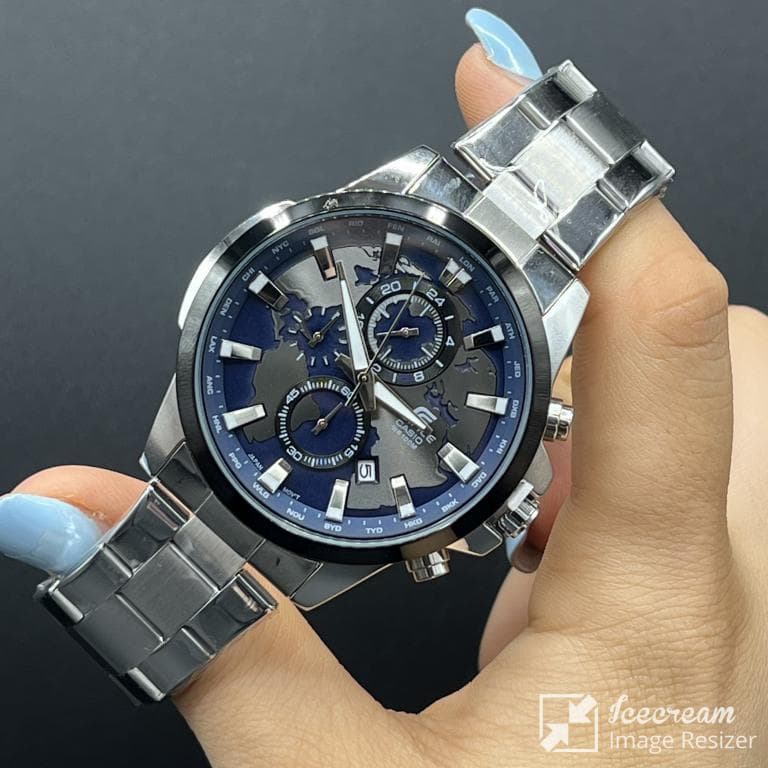 ساعت مردانه کاسیو ادیفایس سه موتوره صفحه آبی جهان نماقاب مشکی بابنداستیل نقره ای casio