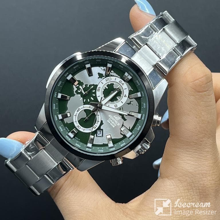 ساعت مردانه کاسیو ادیفایس سه موتوره صفحه سبزجهان نماقاب مشکی بابنداستیل نقره ای casio