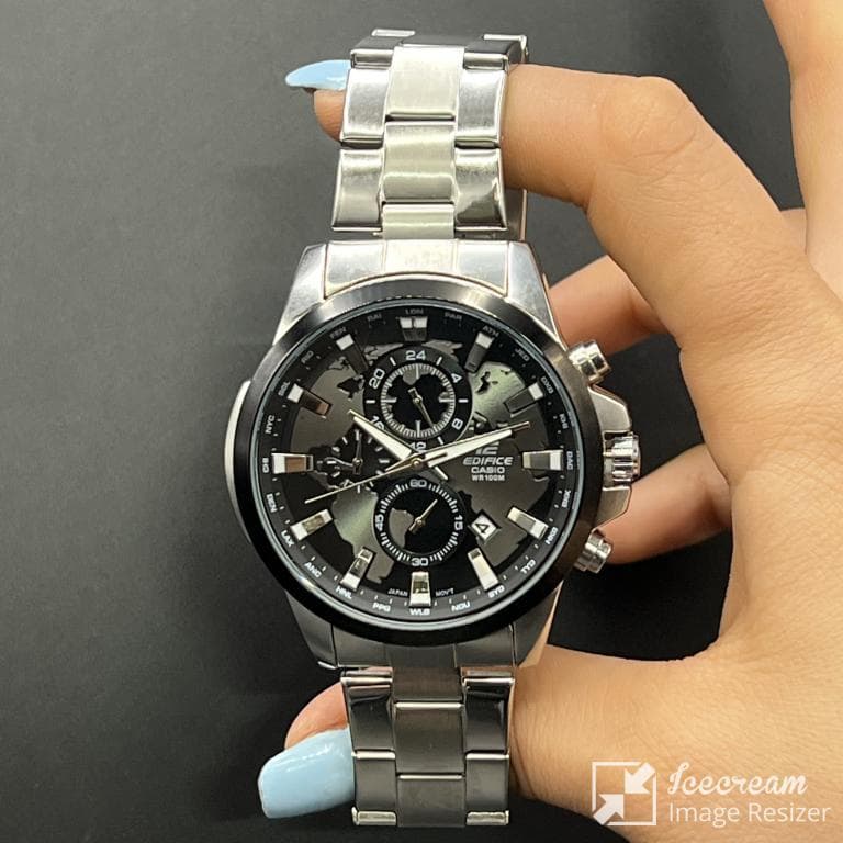 ساعت مردانه کاسیو ادیفایس سه موتوره صفحه مشکی جهان نمابابنداستیل نقره ای casio — تصویر ۳