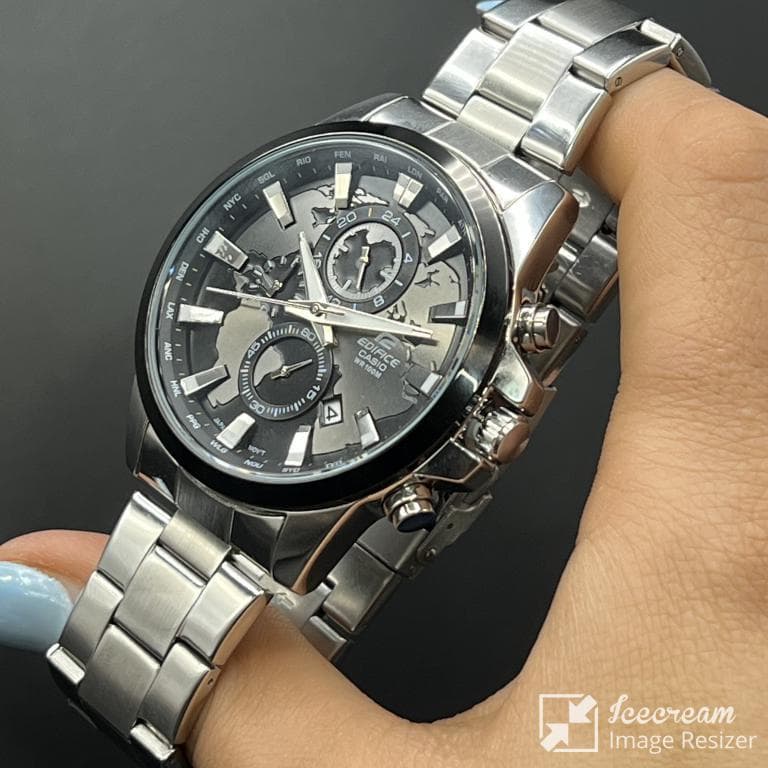 ساعت مردانه کاسیو ادیفایس سه موتوره صفحه مشکی جهان نمابابنداستیل نقره ای casio — تصویر ۴