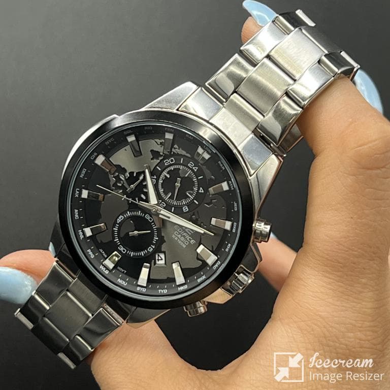 ساعت مردانه کاسیو ادیفایس سه موتوره صفحه مشکی جهان نمابابنداستیل نقره ای casio
