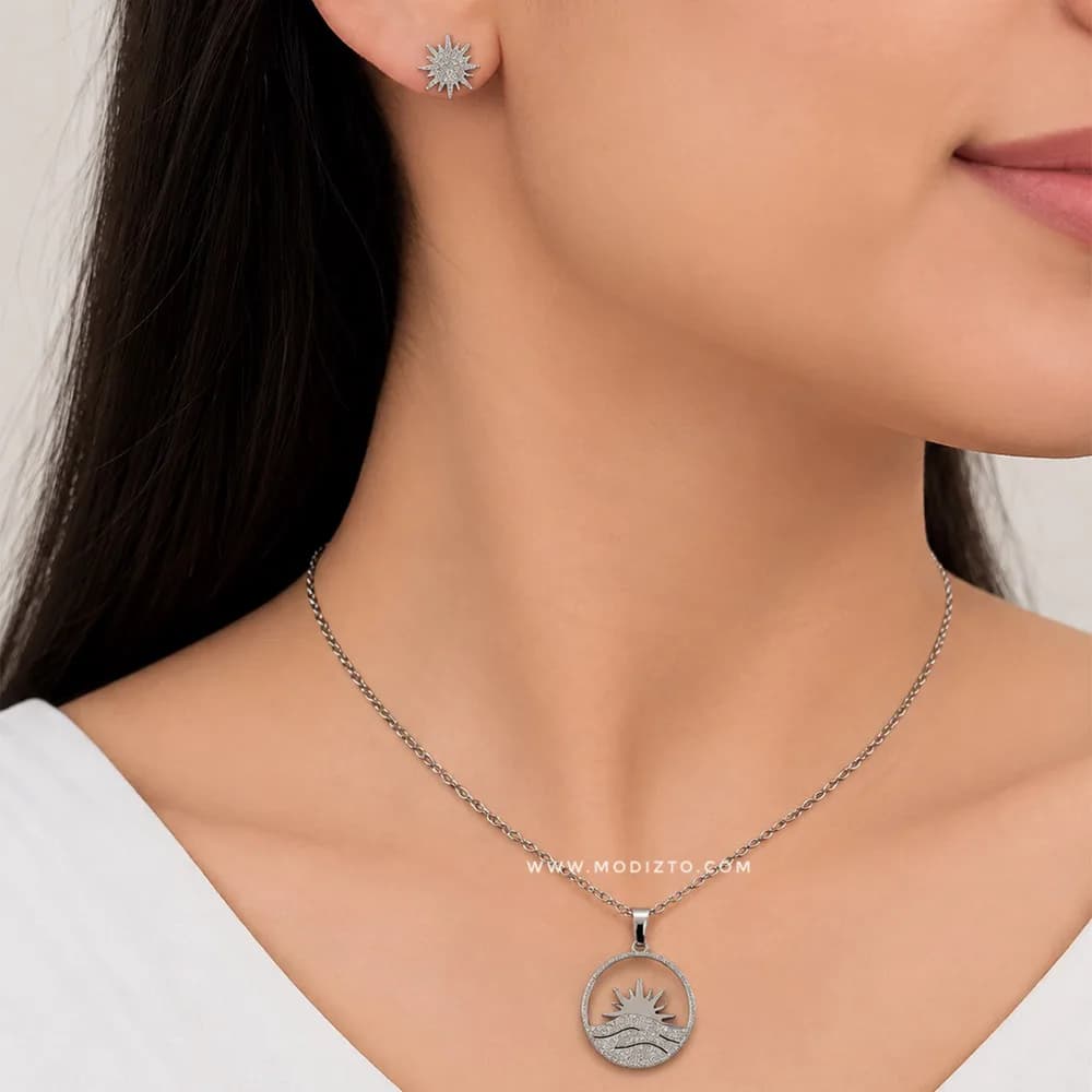 نیم ست گردنبند و گوشواره استیل مدل غروب آفتاب شاین — تصویر ۲