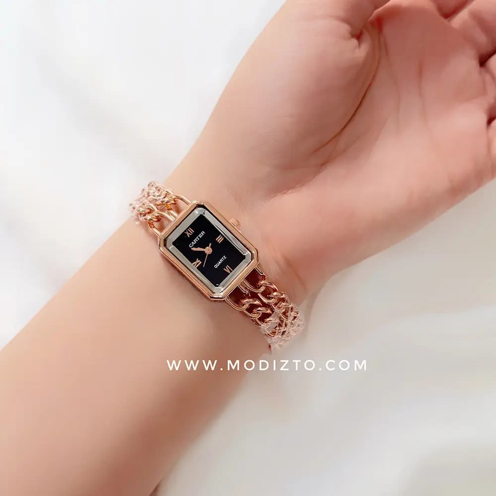 ساعت مچی زنانه طرح کارتیر مدل بند زنجیری دو لاین رزگلد — تصویر ۵
