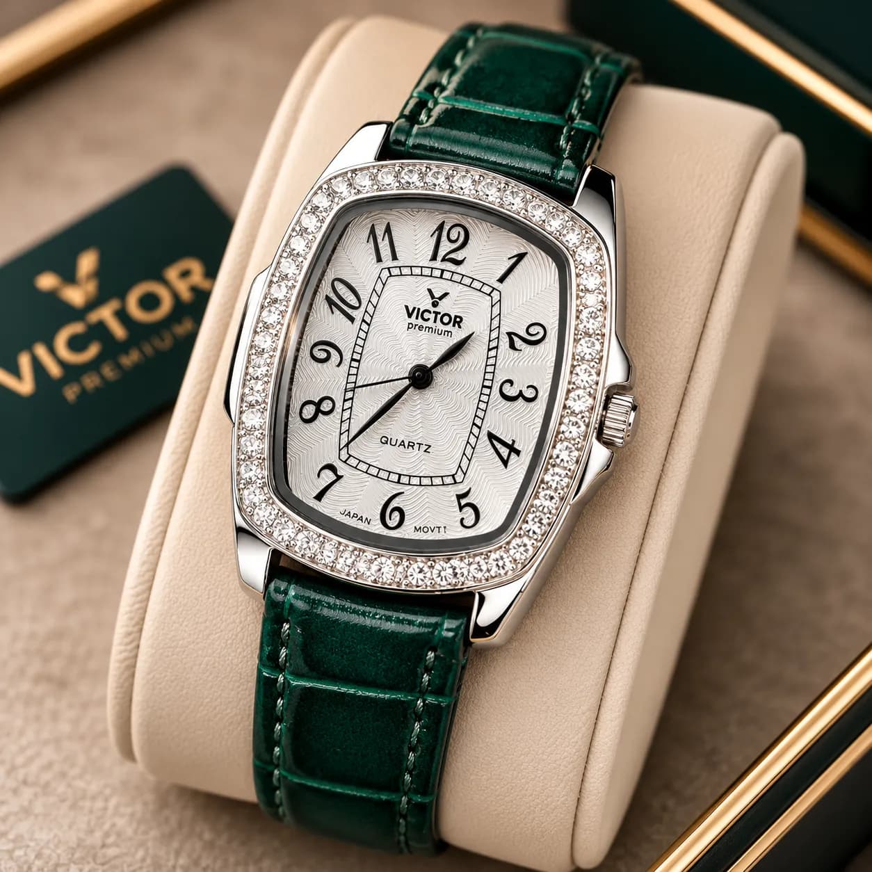 ساعت مچی زنانه Victor Premium مدل نگین‌دار بند چرمی سبز — تصویر ۴