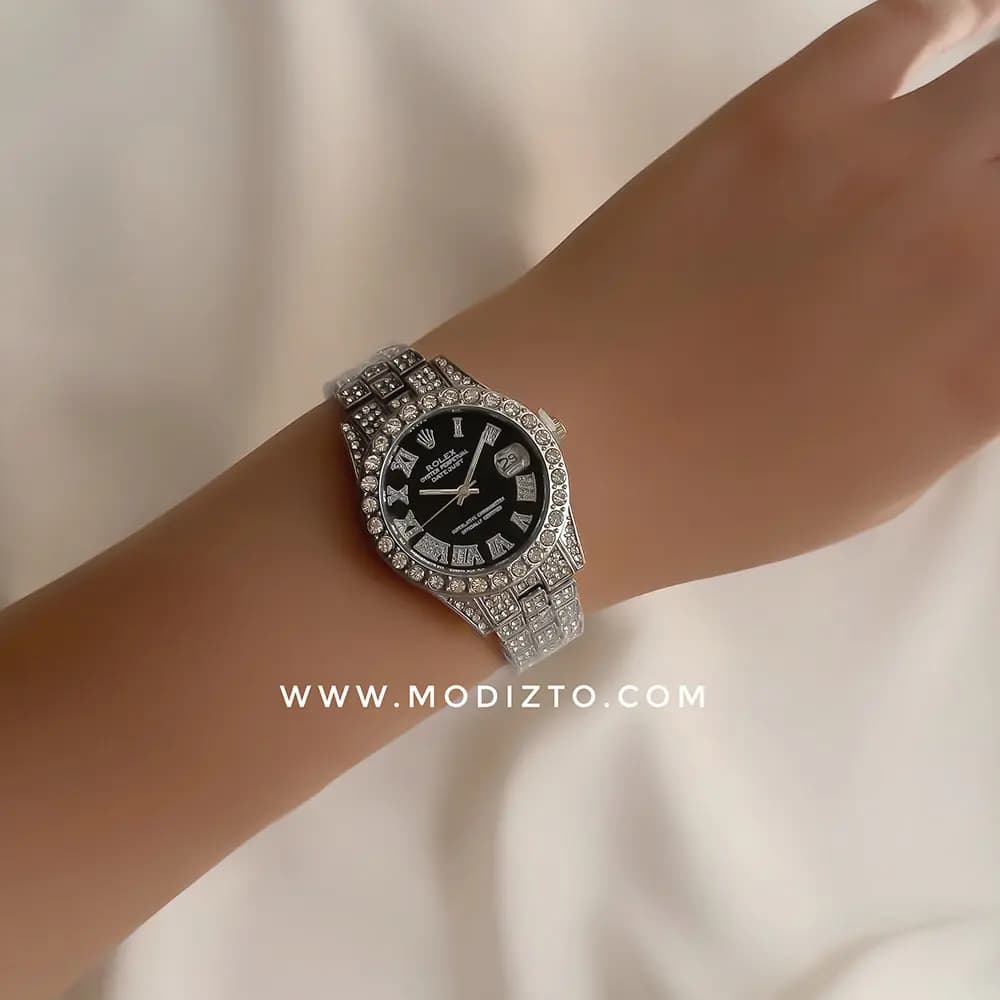 ساعت مچی زنانه طرح رولکس Rolex فول نگین صفحه مشکی — تصویر ۲