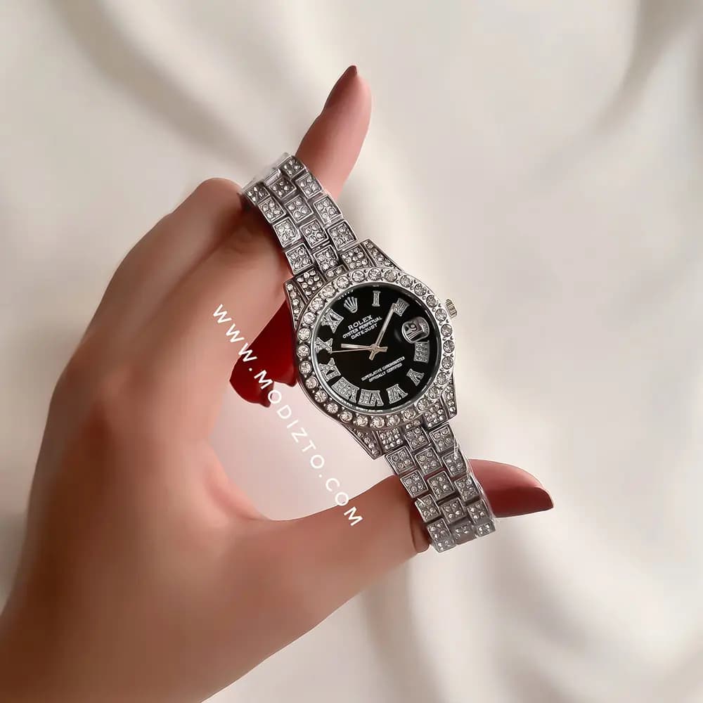 ساعت مچی زنانه طرح رولکس Rolex فول نگین صفحه مشکی — تصویر ۳