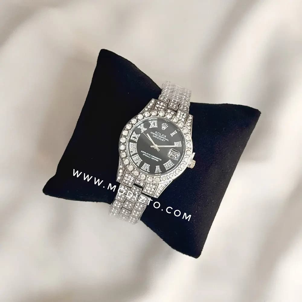 ساعت مچی زنانه طرح رولکس Rolex فول نگین صفحه مشکی — تصویر ۴