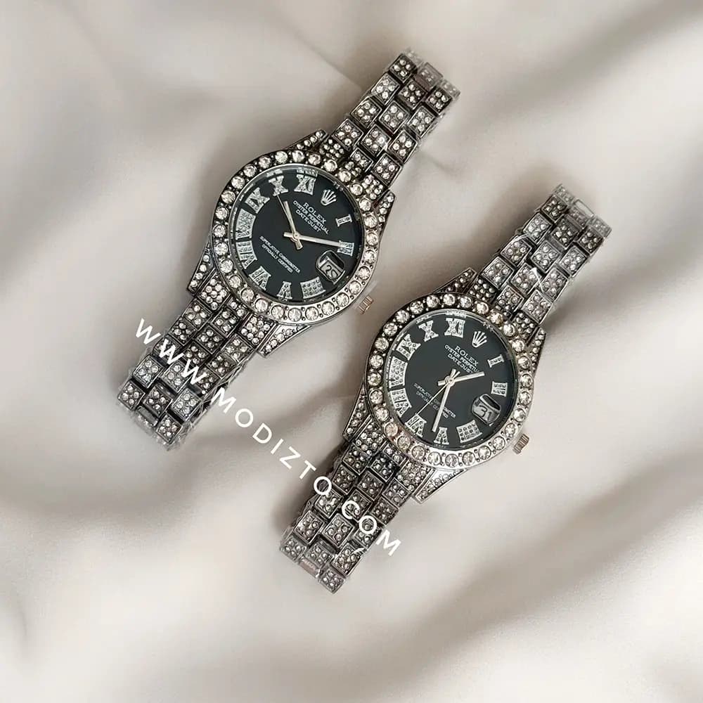 ساعت مچی زنانه طرح رولکس Rolex فول نگین صفحه مشکی — تصویر ۵