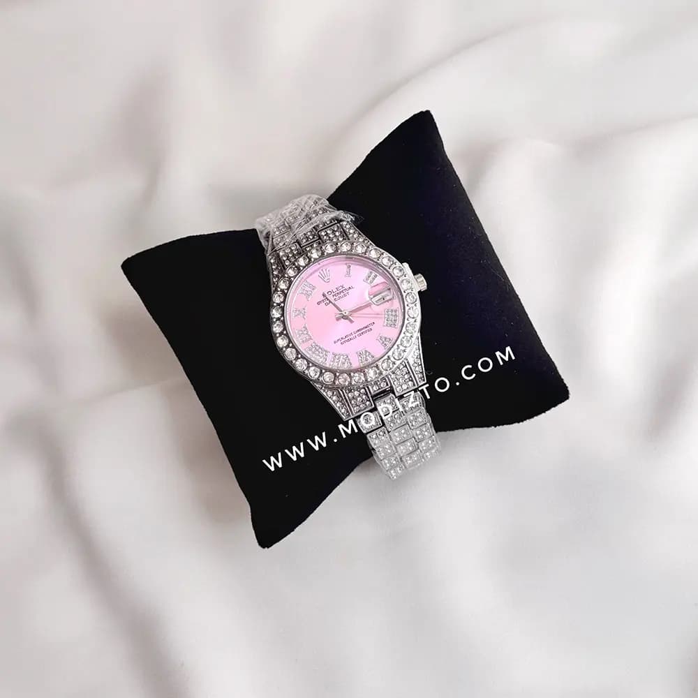ساعت مچی زنانه طرح رولکس Rolex فول نگین صفحه صورتی — تصویر ۴