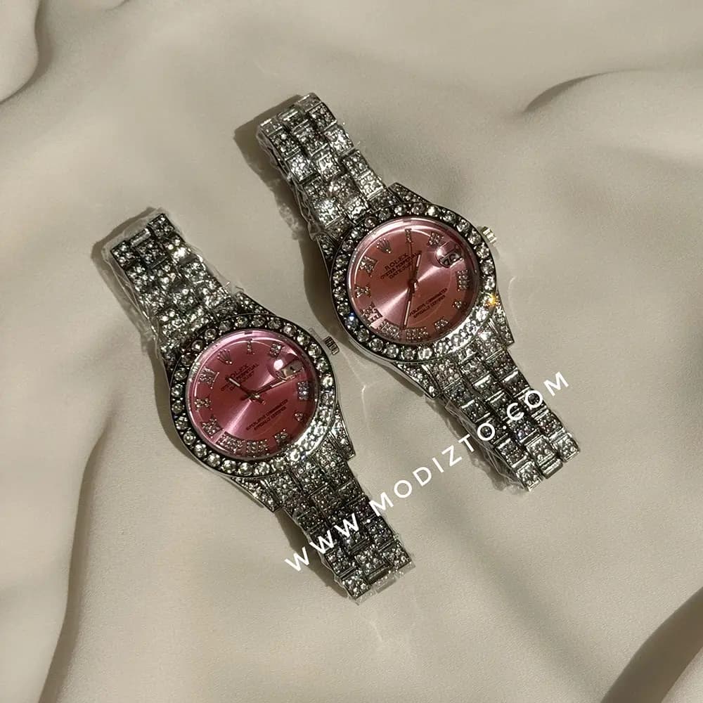 ساعت مچی زنانه طرح رولکس Rolex فول نگین صفحه صورتی