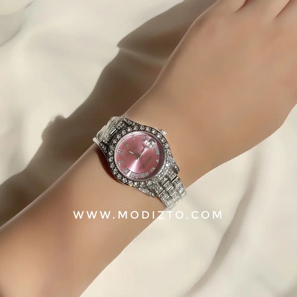 ساعت مچی زنانه طرح رولکس Rolex فول نگین صفحه صورتی — تصویر ۲