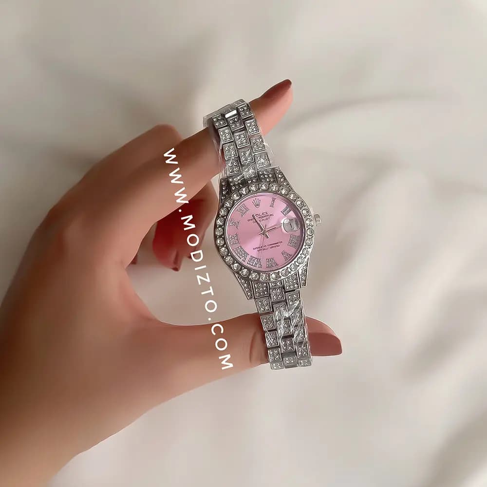 ساعت مچی زنانه طرح رولکس Rolex فول نگین صفحه صورتی — تصویر ۳