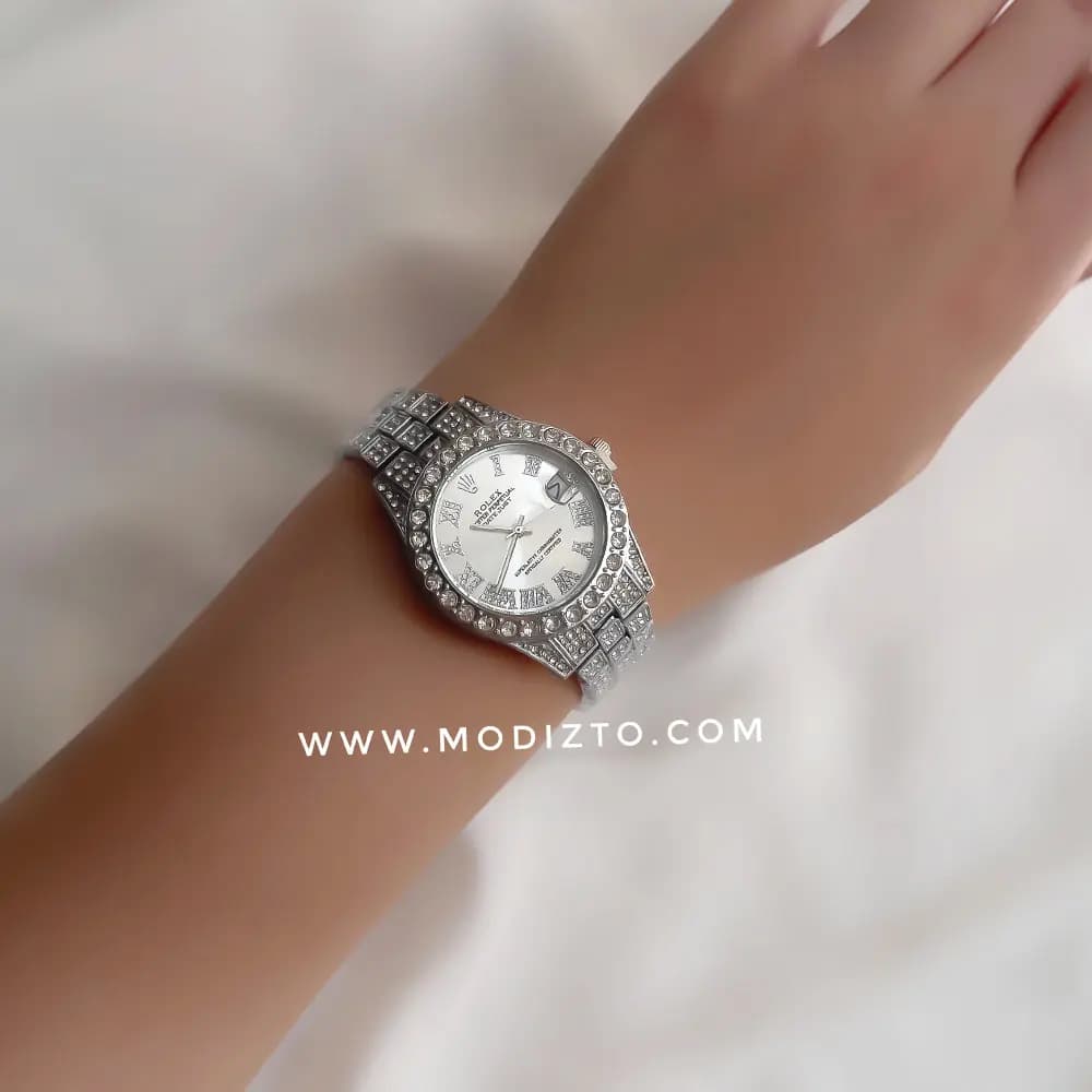 ساعت مچی زنانه طرح رولکس Rolex فول نگین صفحه سفید — تصویر ۲