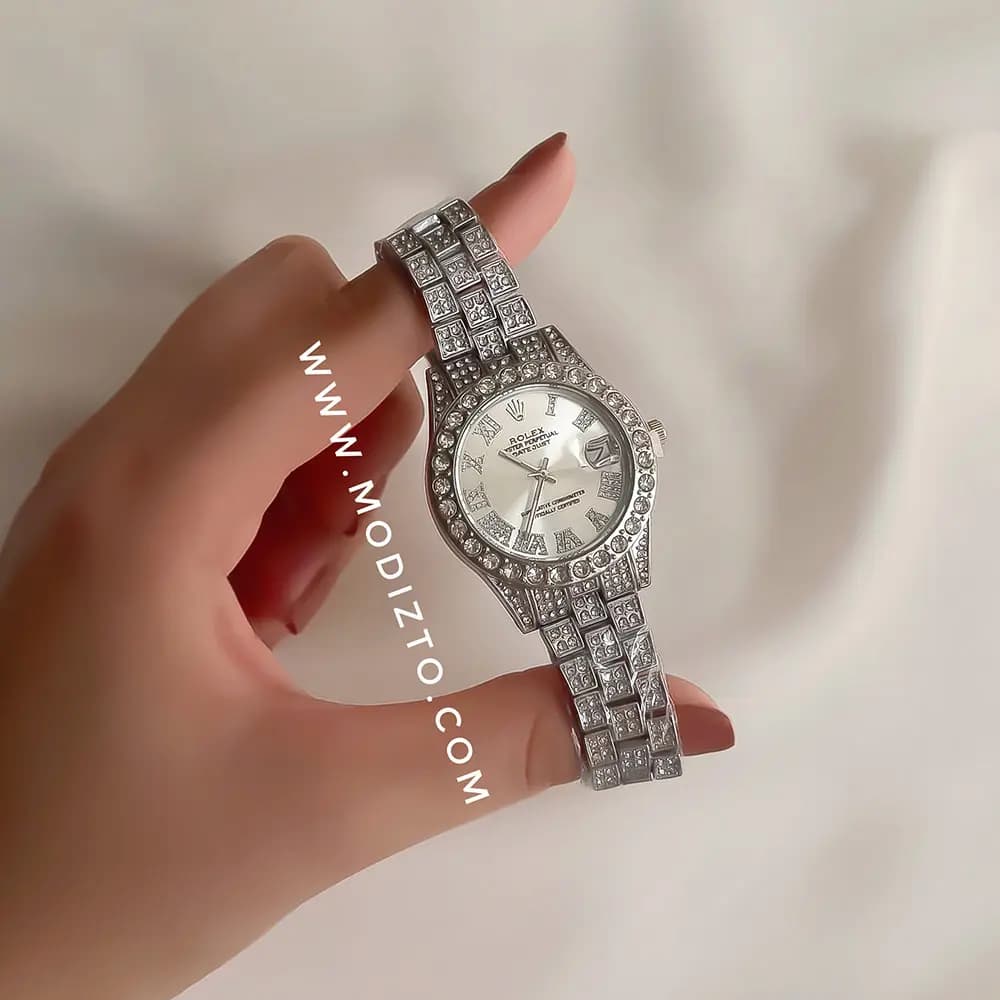 ساعت مچی زنانه طرح رولکس Rolex فول نگین صفحه سفید — تصویر ۳