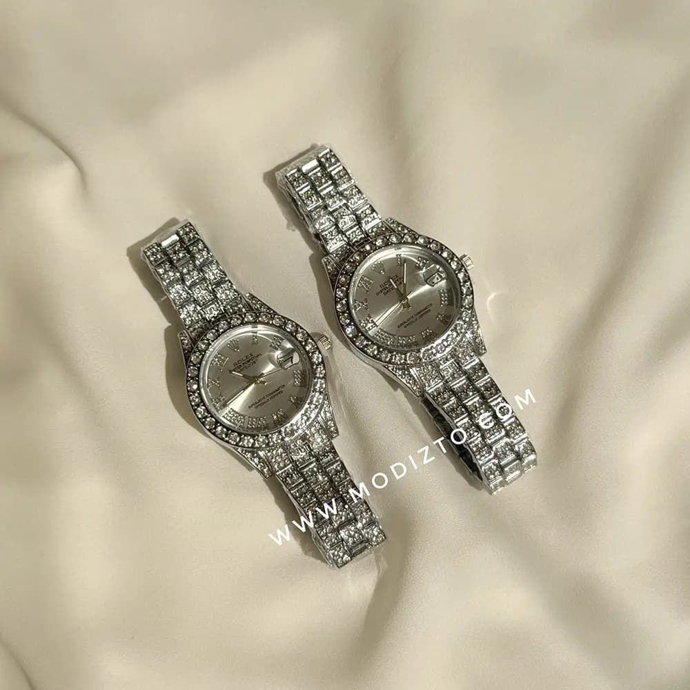 ساعت مچی زنانه طرح رولکس Rolex فول نگین صفحه سفید