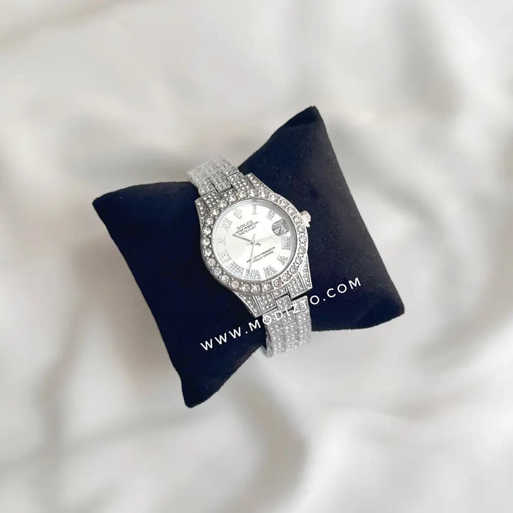 ساعت مچی زنانه طرح رولکس Rolex فول نگین صفحه سفید — تصویر ۴