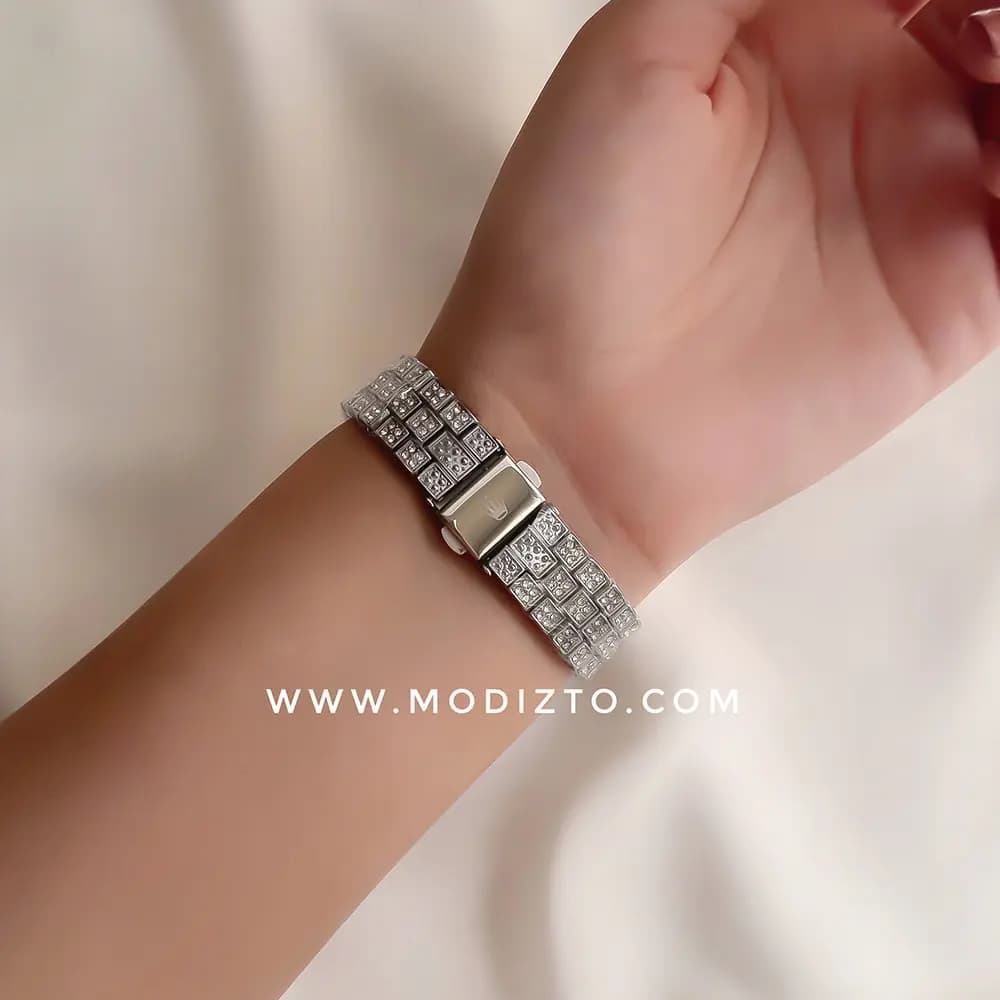 ساعت مچی زنانه طرح رولکس Rolex فول نگین صفحه سفید — تصویر ۶
