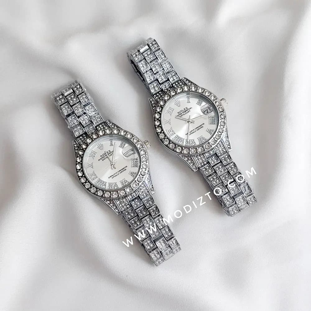 ساعت مچی زنانه طرح رولکس Rolex فول نگین صفحه سفید — تصویر ۵